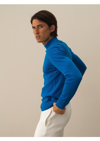 Erkek Mavi Pamuk Dokulu Regular Fit Kazak fırsatları