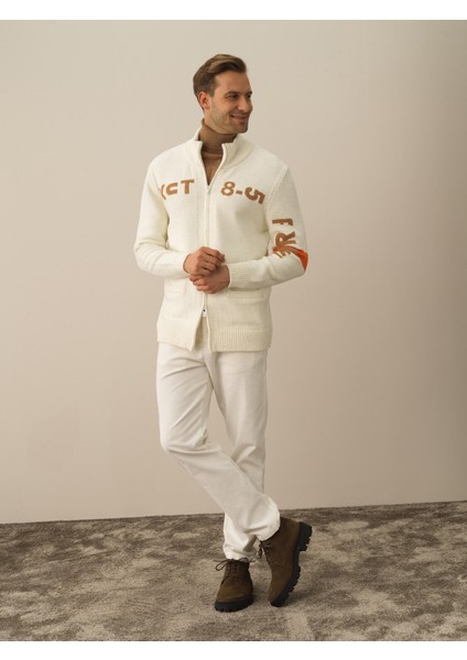 Erkek Ekru Doğal Yün Dokulu Regular Fit Hırka