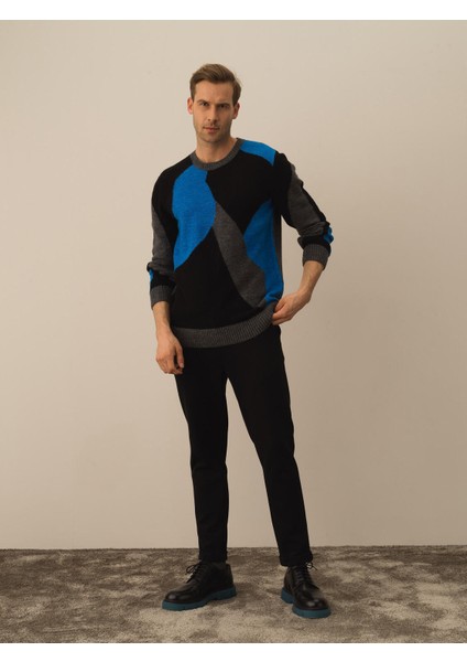 Erkek Koyu Gri Dokulu Lüks Pamuk Dokulu Regular Fit Kazak