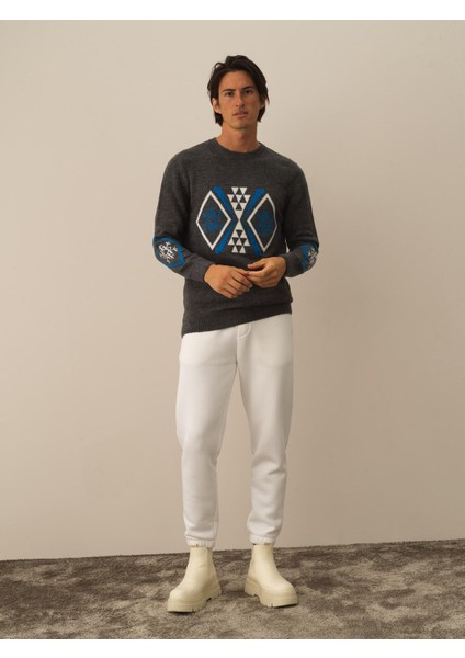 Erkek Koyu Gri Dokulu Lüks Pamuk Dokulu Regular Fit Kazak