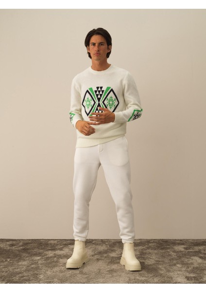 Erkek Kırık Beyaz Lüks Pamuk Dokulu Regular Fit Kazak