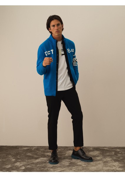 Erkek Mavi Doğal Yün Dokulu Regular Fit Hırka