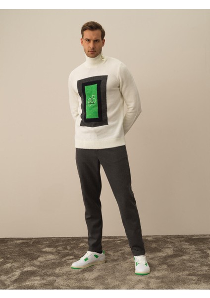 Erkek Kırık Beyaz Lüks Pamuk Dokulu Regular Fit Kazak