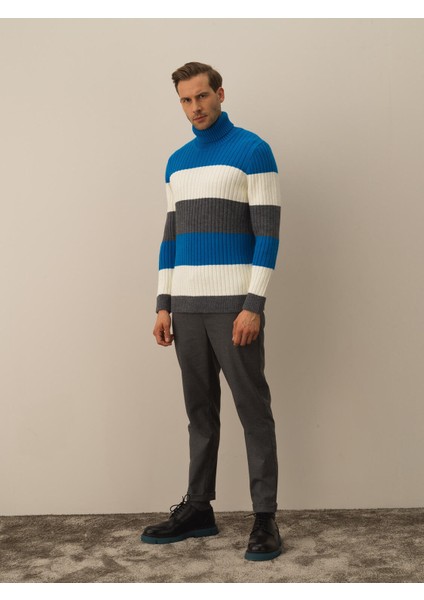 Erkek Mavi Doğal Yün Dokulu Regular Fit Kazak