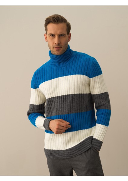 Erkek Mavi Doğal Yün Dokulu Regular Fit Kazak fiyatları