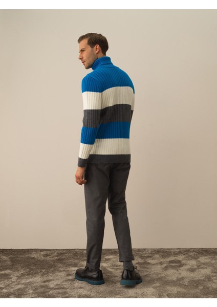 Erkek Mavi Doğal Yün Dokulu Regular Fit Kazak fırsatları