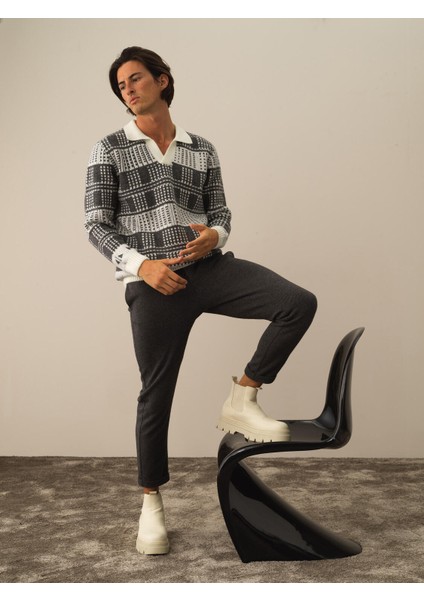 Erkek Kırık Beyaz Lüks Pamuk Dokulu Regular Fit Kazak