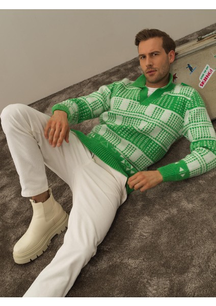 Erkek Yeşil Lüks Pamuk Dokulu Regular Fit Kazak fiyatları