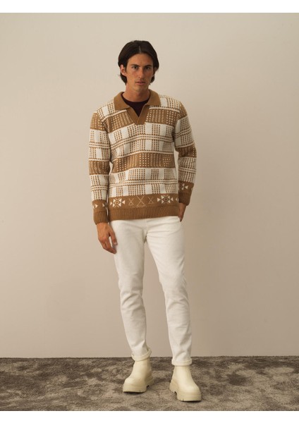 Erkek Camel Lüks Pamuk Dokulu Regular Fit Kazak