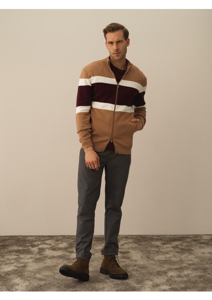 Erkek Camel Pamuk Dokulu Regular Fit Hırka