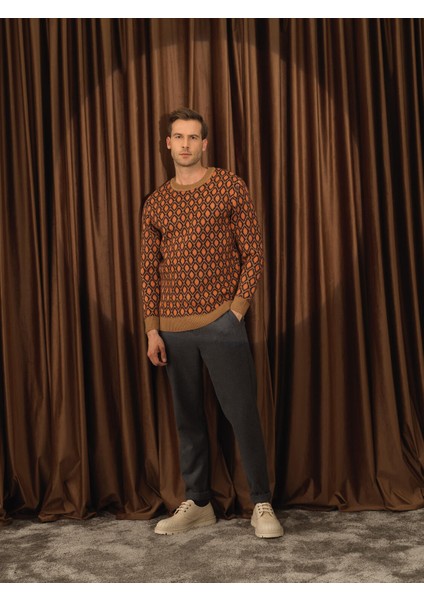 Erkek Camel Lüks Pamuk Dokulu Regular Fit Kazak