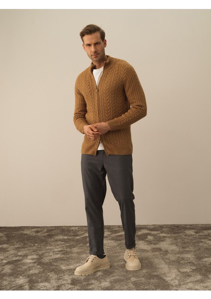 Erkek Camel Lüks Pamuk Dokulu Regular Fit Hırka