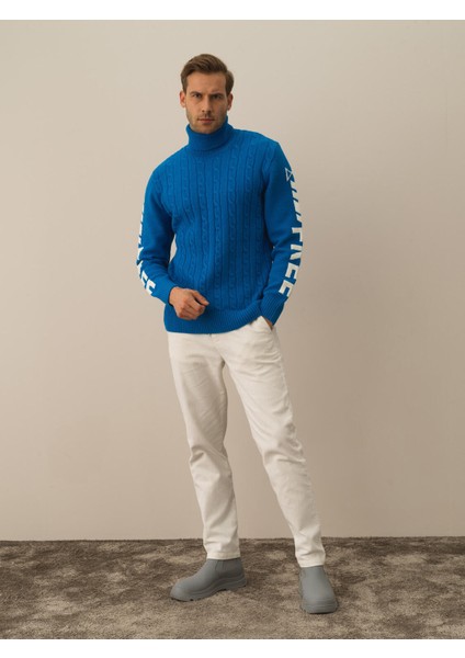 Erkek Mavi Doğal Yün Dokulu Regular Fit Kazak