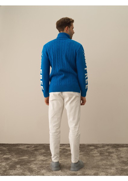 Erkek Mavi Doğal Yün Dokulu Regular Fit Kazak fırsatları