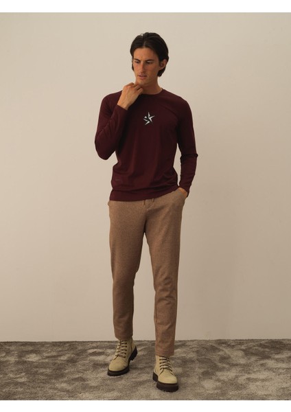 Erkek Bordo Modal Dokulu Slim Fit Uzun Kollu Tişört