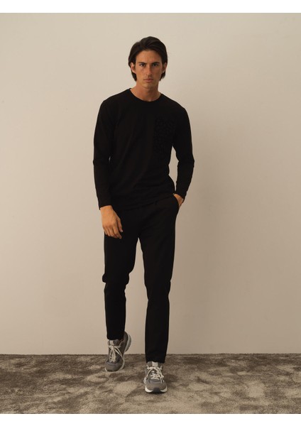 Erkek Siyah Modal Dokulu Slim Fit Uzun Kollu Tişört