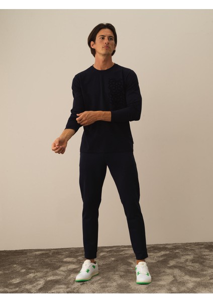 Erkek Lacivert Modal Dokulu Slim Fit Uzun Kollu Tişört