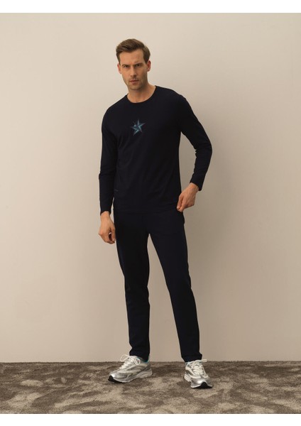 Erkek Lacivert Modal Dokulu Slim Fit Uzun Kollu Tişört