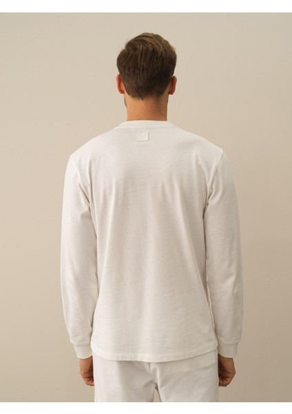Erkek Kırık Beyaz Pamuk Dokulu Regular Fit Uzun Kollu Tişört modelleri
