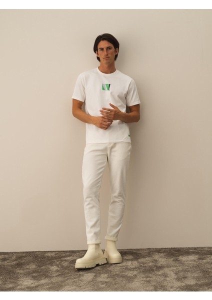 Erkek Kırık Beyaz Pamuk Dokulu Regular Fit Tişört