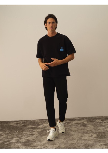 Erkek Siyah Pamuk Dokulu Oversize Tişört