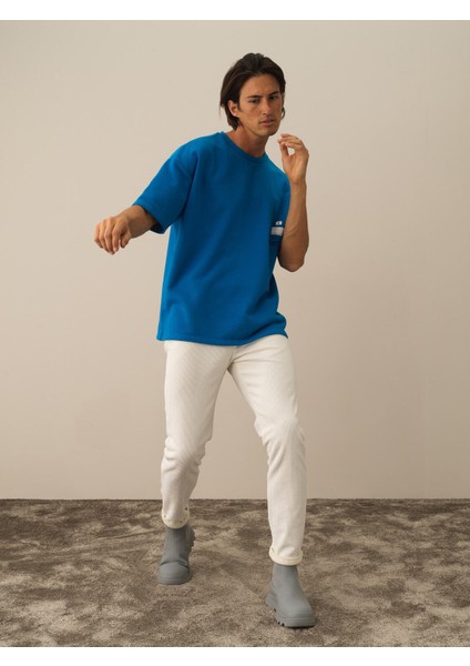 Erkek Mavi Pamuk Dokulu Oversize Tişört