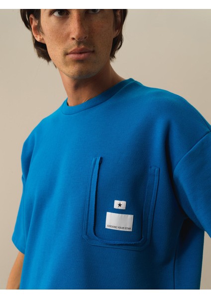 Erkek Mavi Pamuk Dokulu Oversize Tişört modelleri