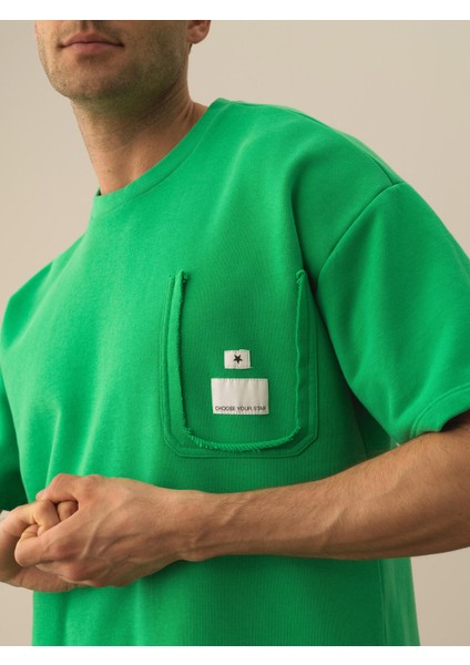 Erkek Yeşil Pamuk Dokulu Oversize Tişört modelleri