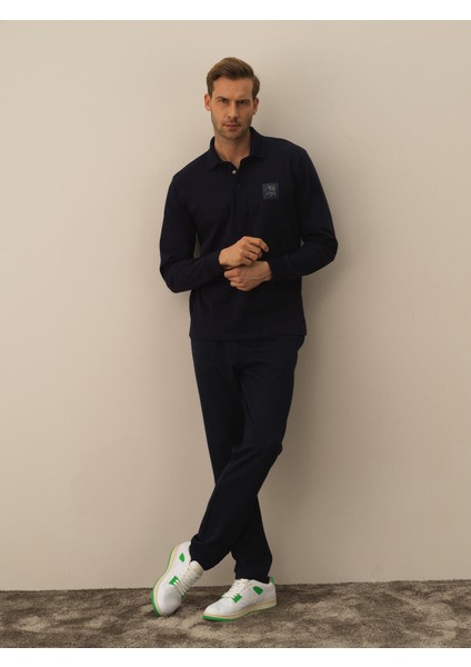 Erkek Lacivert Pamuk Dokulu Regular Fit Uzun Kollu Tişört