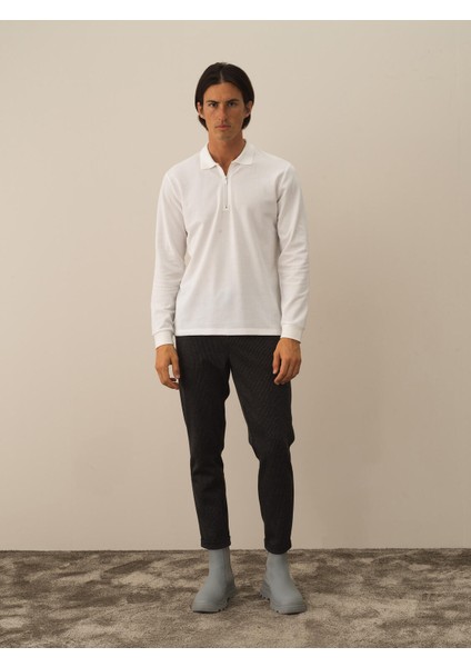 Erkek Kırık Beyaz Pamuk Dokulu Regular Fit Uzun Kollu Tişört