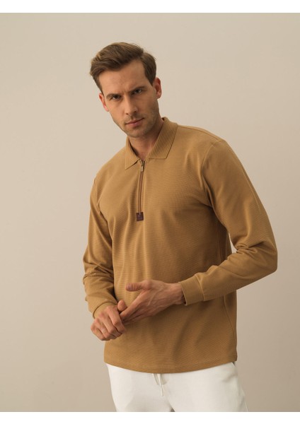 Erkek Camel Pamuk Dokulu Regular Fit Uzun Kollu Tişört fiyatları