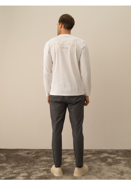 Erkek Ekru Pamuk Dokulu Regular Fit Uzun Kollu Tişört fırsatları
