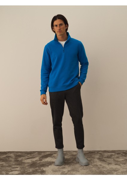 Erkek Mavi Pamuk Dokulu Regular Fit Sweatshirt