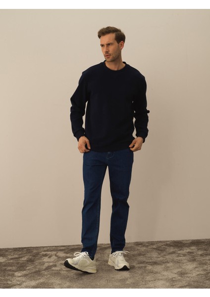 Erkek Lacivert Pamuk Dokulu Regular Fit Sweatshirt