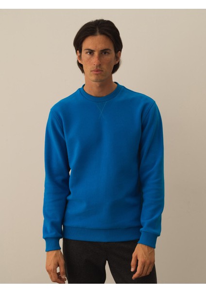 Erkek Mavi Pamuk Dokulu Regular Fit Sweatshirt fiyatları