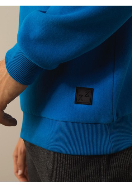 Erkek Mavi Pamuk Dokulu Regular Fit Sweatshirt modelleri