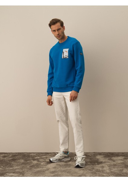 Erkek Mavi Pamuk Dokulu Regular Fit Sweatshirt