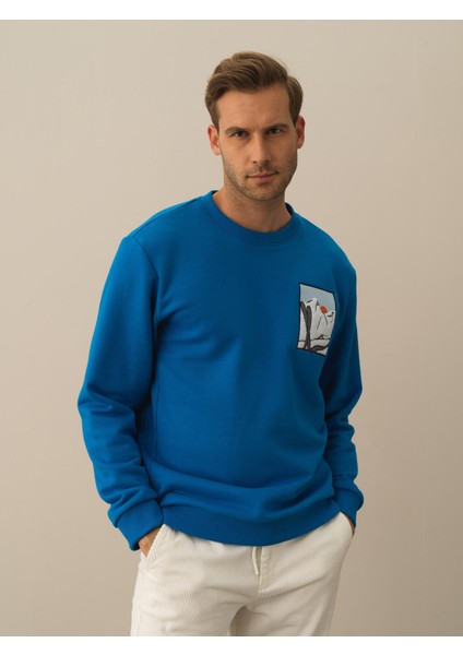 Erkek Mavi Pamuk Dokulu Regular Fit Sweatshirt fiyatları