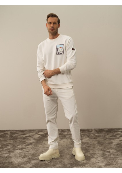 Erkek Ekru Pamuk Dokulu Regular Fit Sweatshirt