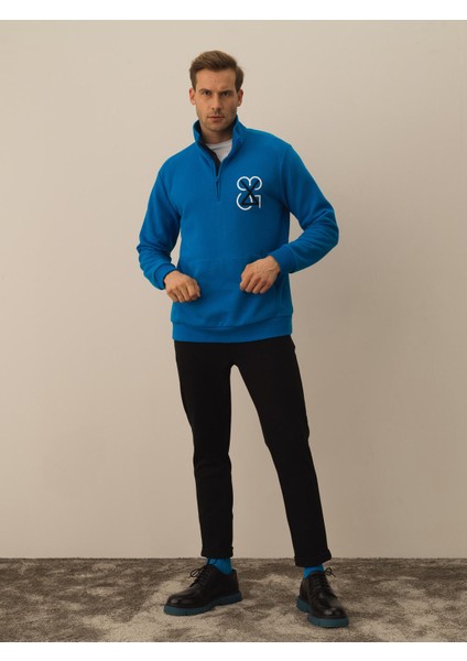 Erkek Mavi Pamuk Dokulu Regular Fit Sweatshirt