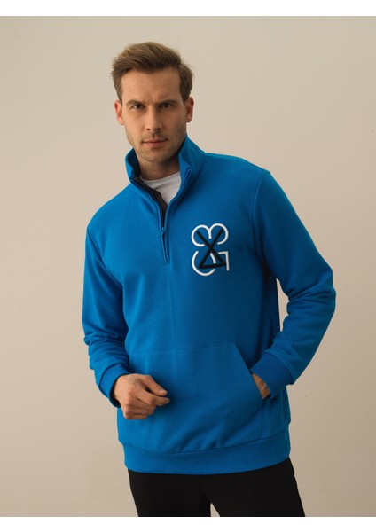 Erkek Mavi Pamuk Dokulu Regular Fit Sweatshirt fiyatları