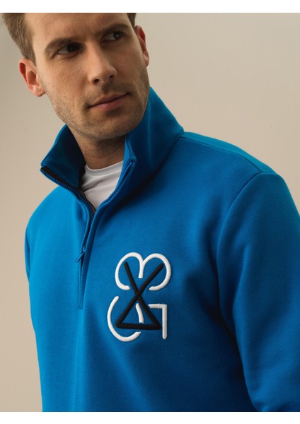 Erkek Mavi Pamuk Dokulu Regular Fit Sweatshirt modelleri