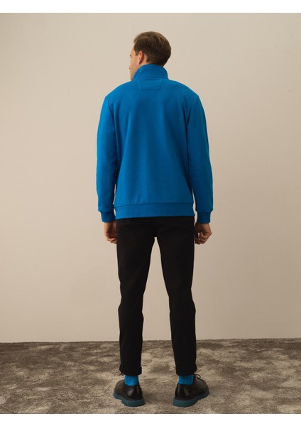 Erkek Mavi Pamuk Dokulu Regular Fit Sweatshirt indirimleri