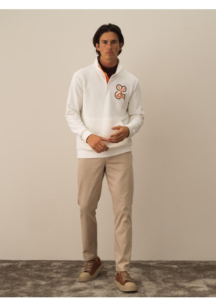 Erkek Ekru Pamuk Dokulu Regular Fit Sweatshirt