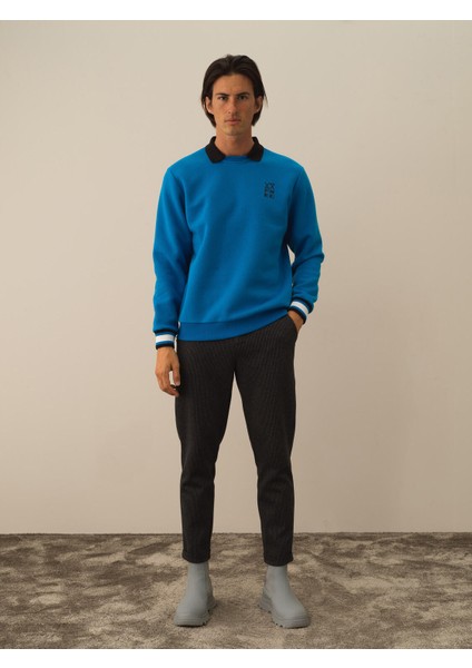 Erkek Mavi Pamuk Dokulu Regular Fit Sweatshirt