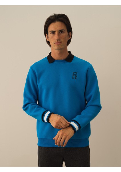 Erkek Mavi Pamuk Dokulu Regular Fit Sweatshirt fiyatları