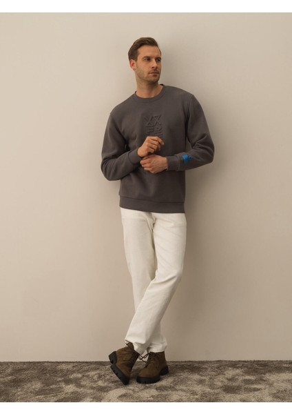 Erkek Koyu Gri Dokulu Pamuk Dokulu Regular Fit Sweatshirt