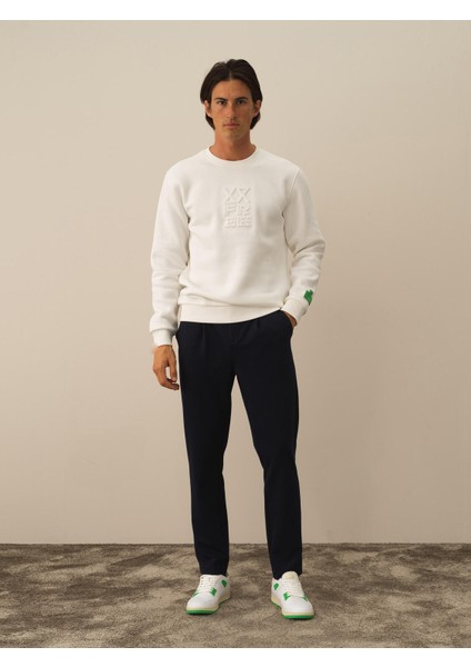 Erkek Kırık Beyaz Pamuk Dokulu Regular Fit Sweatshirt