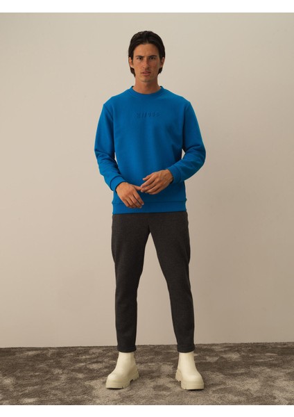 Erkek Mavi Pamuk Dokulu Regular Fit Sweatshirt