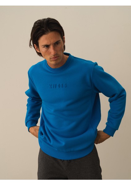 Erkek Mavi Pamuk Dokulu Regular Fit Sweatshirt fiyatları